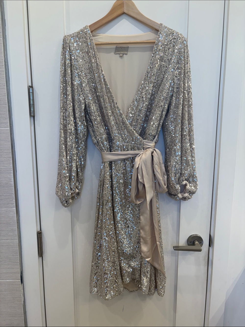 Jenny Packham Champagne Sequin Wrap Dress with Sash